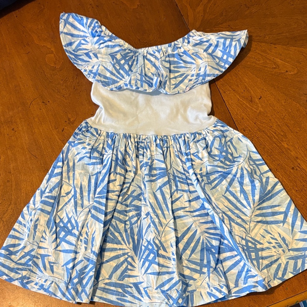 Girls Blue & White Palm-Print Off-Shoulder Dress